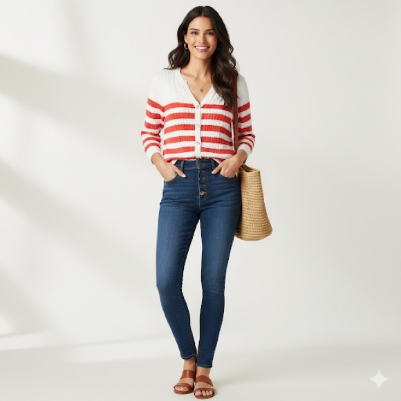 Jeanne Pierre Cable Knit Orange White Striped Cardigan Size Large (NWOT) - Picture 3 of 12